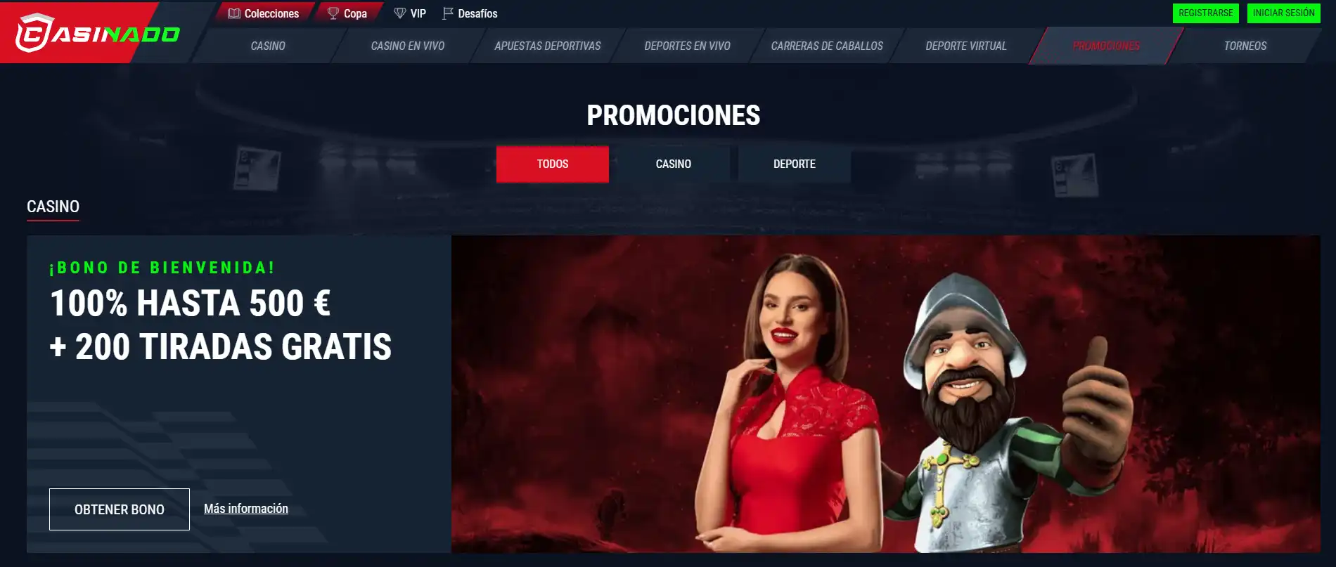 Captura de la tarjeta del bono de bienvenida de Casinado en español