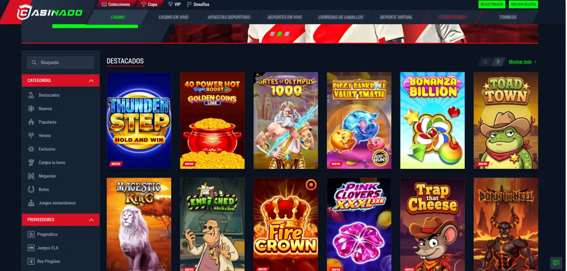 Captura real del lobby de juegos de Casinado con categorías y filtro de proveedores