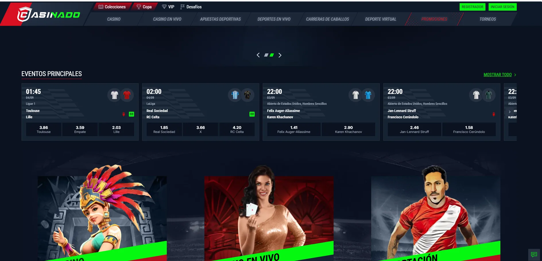 Captura pública del punto de acceso y registro de Casinado en español