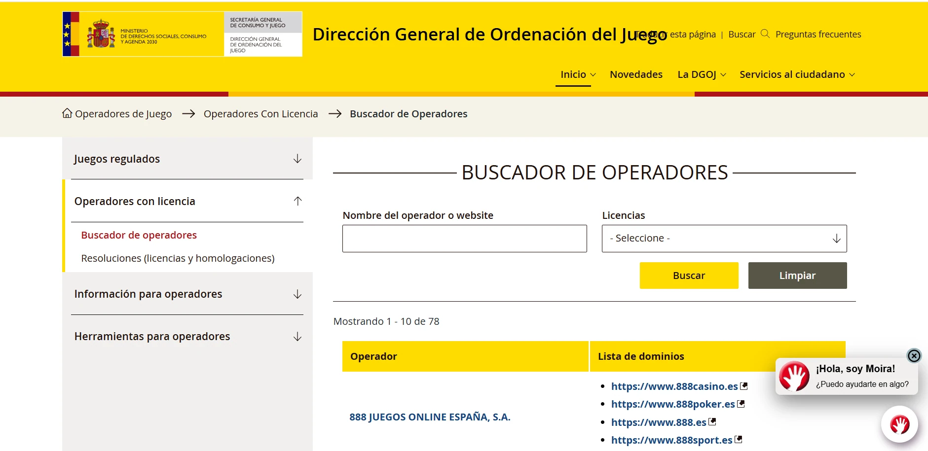 Captura del buscador oficial de operadores con licencia de la DGOJ