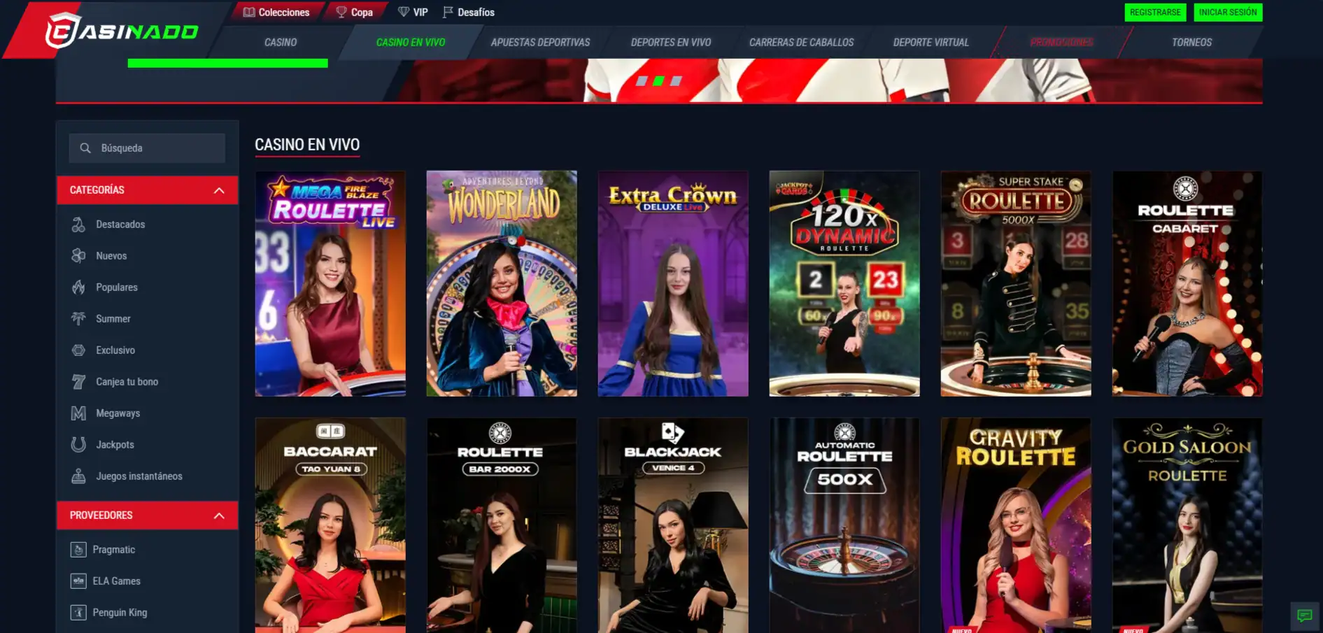 Captura real de la sección de casino en vivo de Casinado con mesas de ruleta, blackjack y baccarat