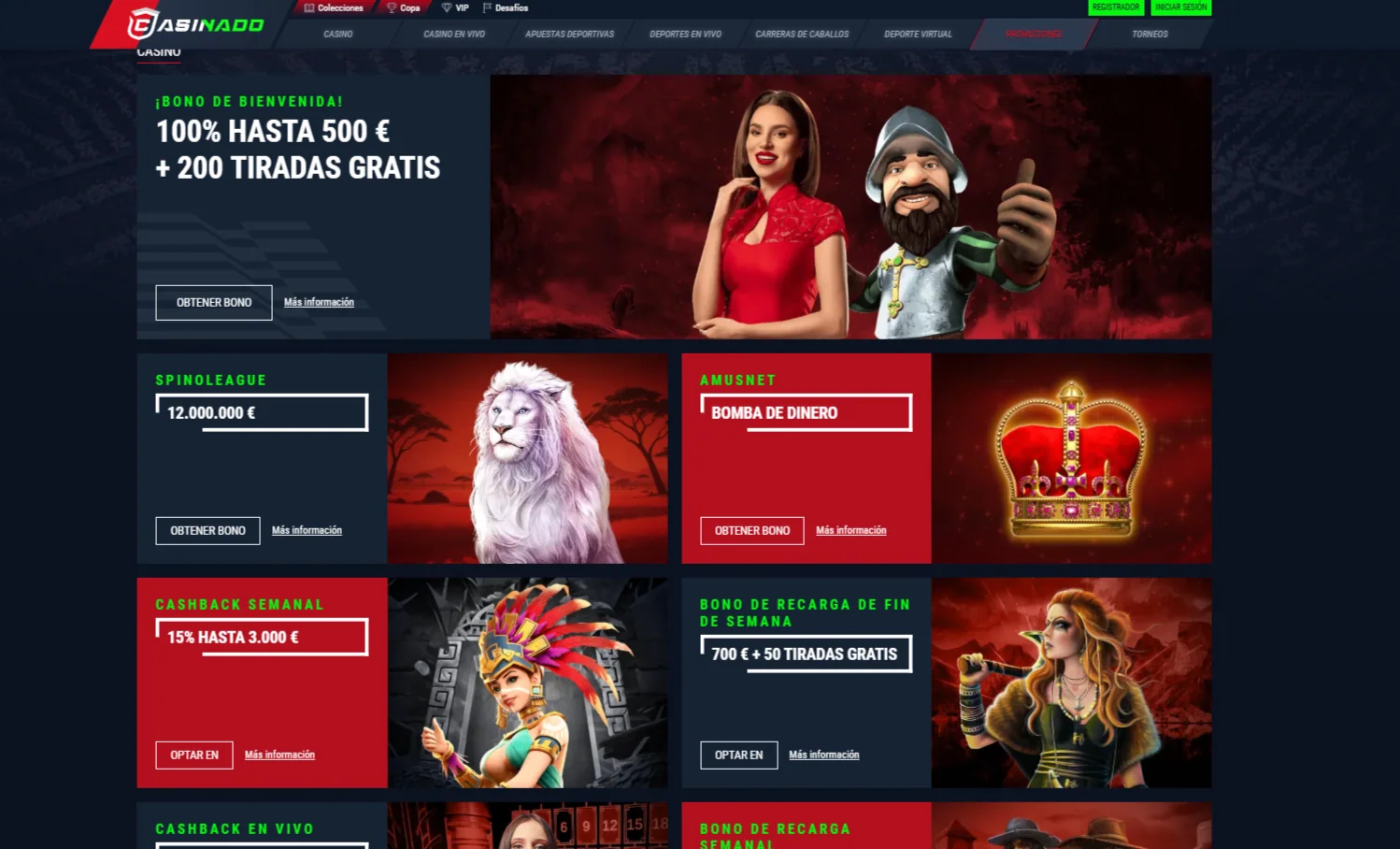 Captura del listado actual de promociones de casino y deporte de Casinado