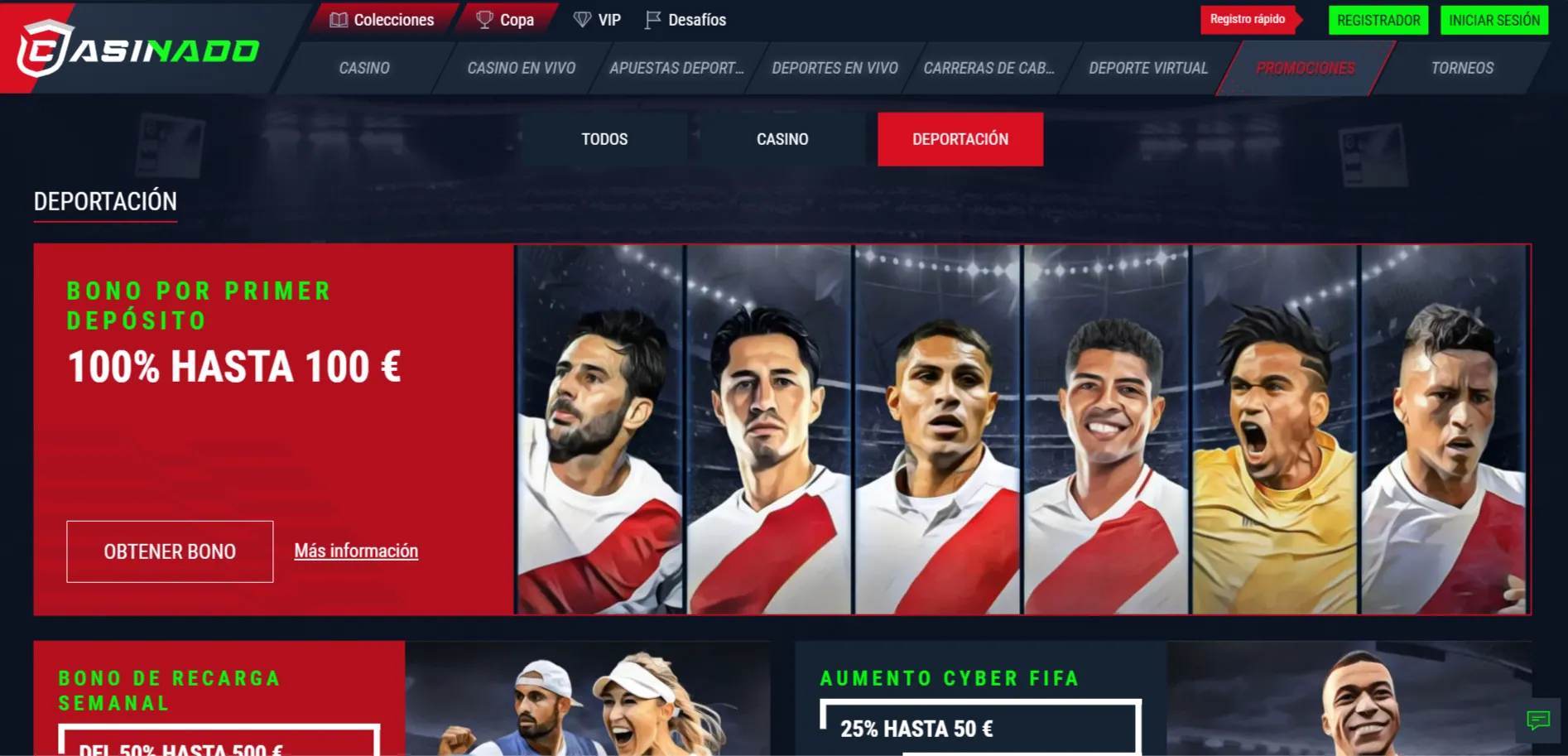 Captura real de la sección de promociones deportivas de Casinado