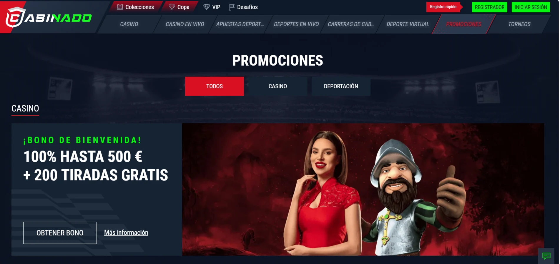 Captura de la página actual de promociones de Casinado en español