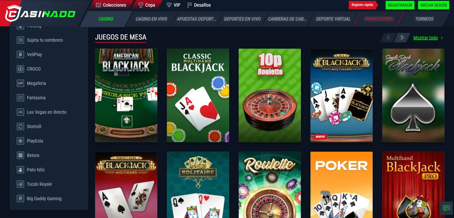 Captura del catálogo actual de juegos de Casinado en español